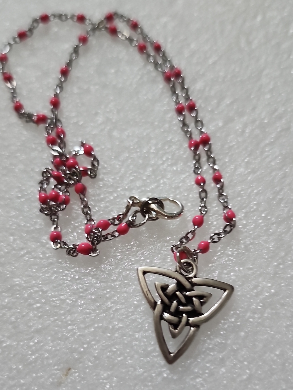 Hand Crafted Silver Tone Celtic Knot Pendant with Pink Beaded Chain Necklace